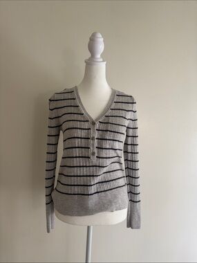 GAP Light Gray and Black Striped V-Neck Henley Sweater